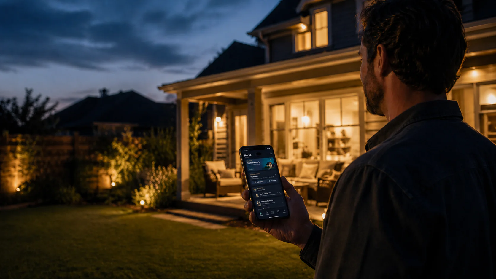 A homeowner looking at Heart Of The House outside at dusk
