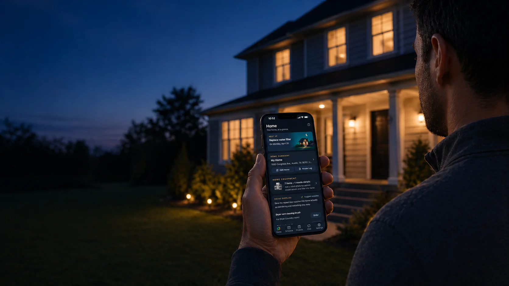 A homeowner outside at dusk checking Heart Of The House on a phone